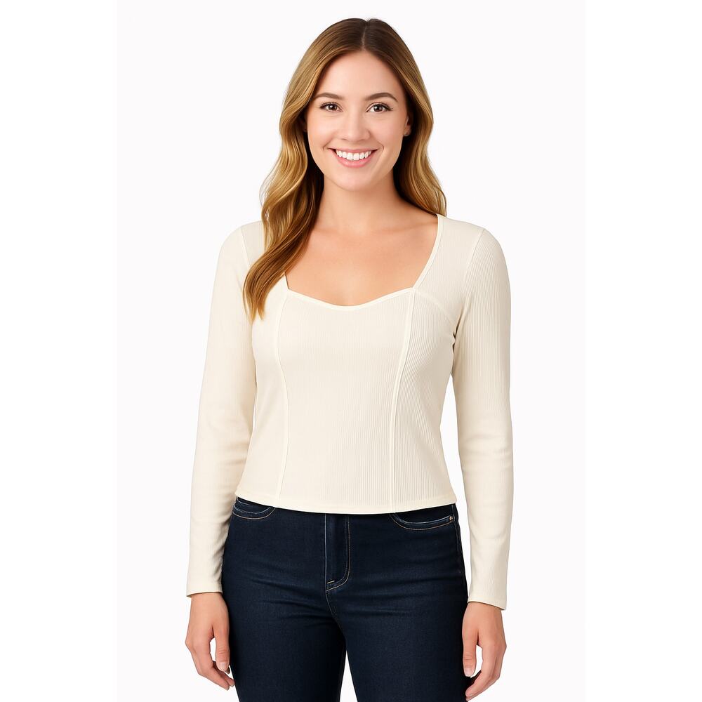 SO Juniors Ribbed Knit Sweetheart Neckline Long Sleeve Size XL Coconut White NWT